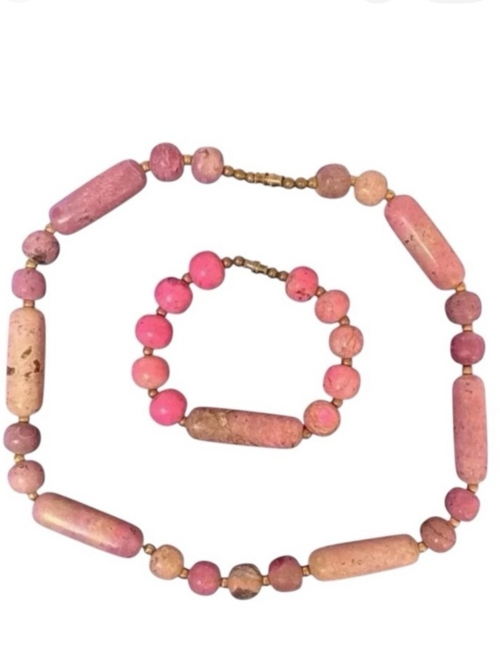 RHODONITE BARREL BEAD Vintage 20” Strand w/ 8” Accompanying Bracelet in Pink